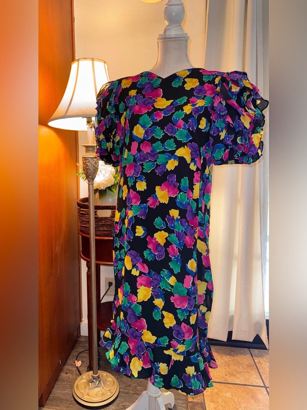 Vintage 80s Liz Roberts Floral Puff-Sleeve Midi Dress Multicolor Large